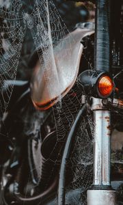 Preview wallpaper motorcycle, cobweb, wet, dew, tangled