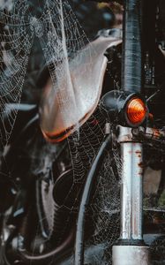 Preview wallpaper motorcycle, cobweb, wet, dew, tangled