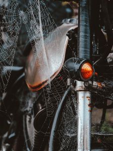 Preview wallpaper motorcycle, cobweb, wet, dew, tangled