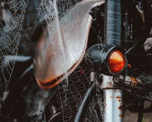 Preview wallpaper motorcycle, cobweb, wet, dew, tangled