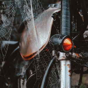 Preview wallpaper motorcycle, cobweb, wet, dew, tangled