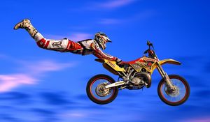 Preview wallpaper motorcycle, flight, trick, jump, suit, extreme, danger