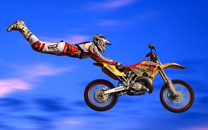 Preview wallpaper motorcycle, flight, trick, jump, suit, extreme, danger