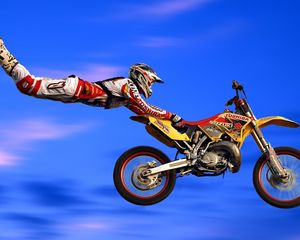 Preview wallpaper motorcycle, flight, trick, jump, suit, extreme, danger