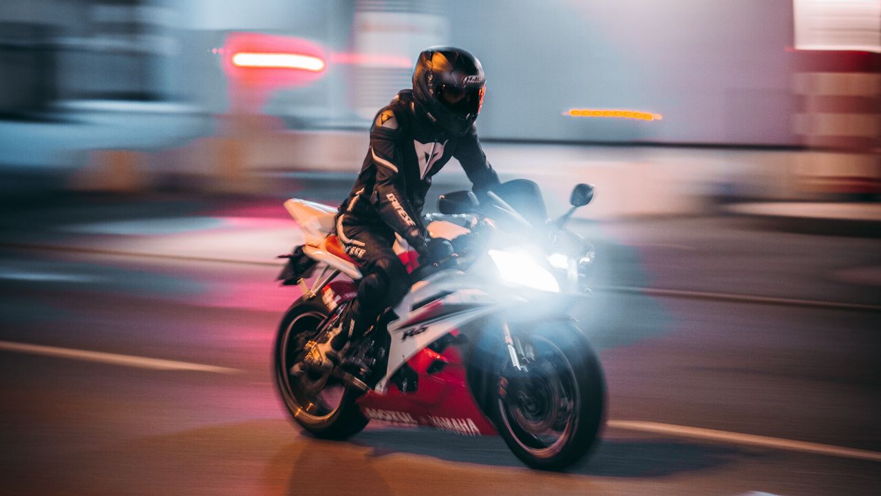 Wallpaper motorcycle, motorcyclist, bike, road, light, speed