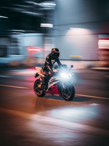 Preview wallpaper motorcycle, motorcyclist, bike, road, light, speed