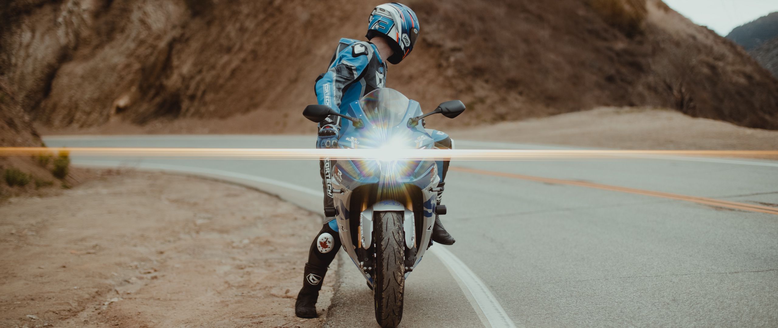 2560x1080 Wallpaper motorcycle, motorcyclist, bike, sport bike, light
