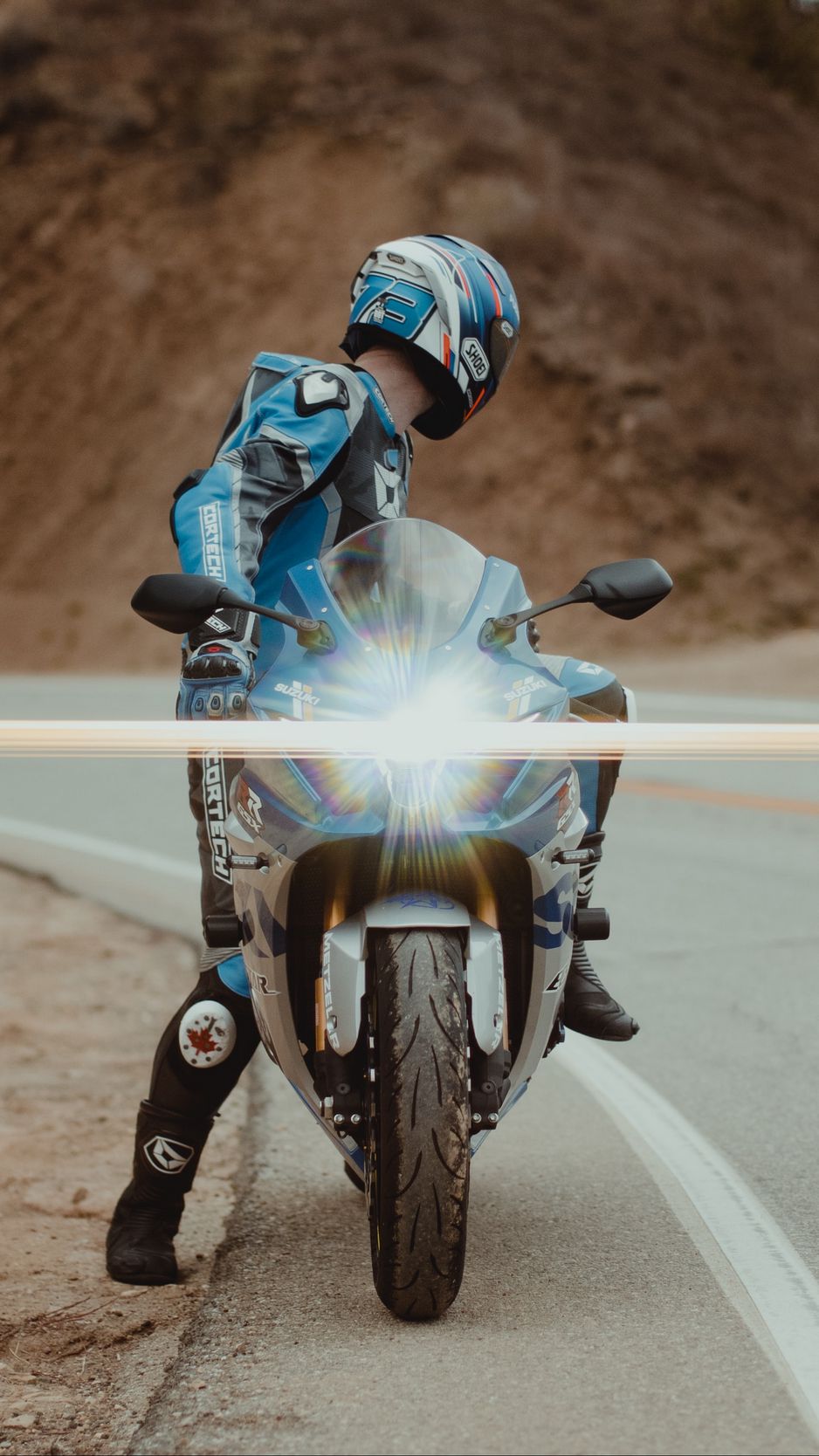 938x1668 Wallpaper motorcycle, motorcyclist, bike, sport bike, light