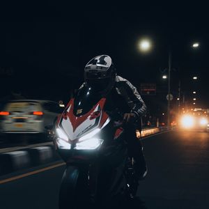 Preview wallpaper motorcycle, motorcyclist, bike, road, night, speed