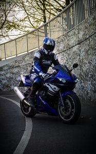 Preview wallpaper motorcycle, motorcyclist, bike, moto, blue