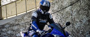 Preview wallpaper motorcycle, motorcyclist, bike, moto, blue