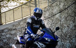 Preview wallpaper motorcycle, motorcyclist, bike, moto, blue