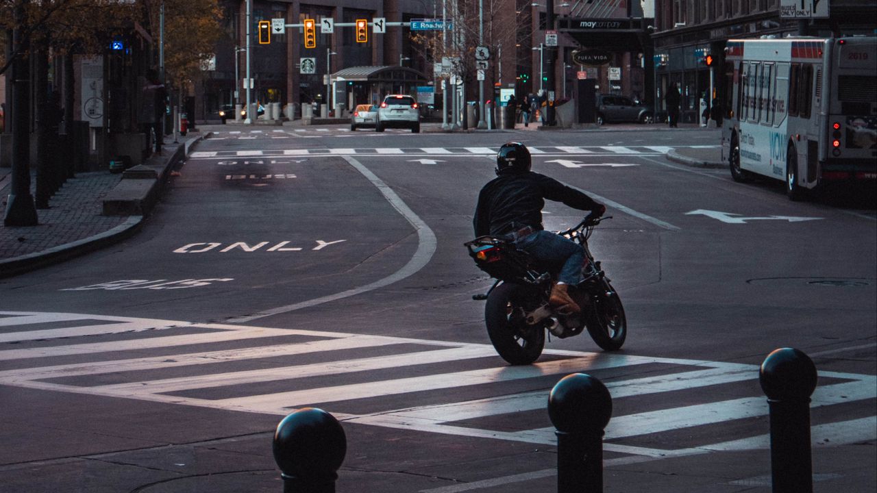 Wallpaper motorcycle, motorcyclist, black, road, city, traffic lights