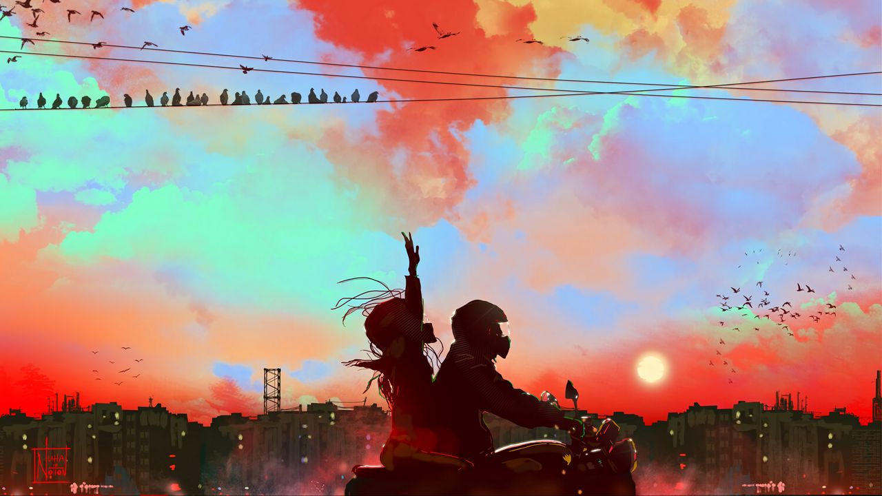 Wallpaper motorcycle, motorcyclist, couple, sunset, art