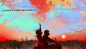 Preview wallpaper motorcycle, motorcyclist, couple, sunset, art