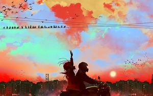 Preview wallpaper motorcycle, motorcyclist, couple, sunset, art
