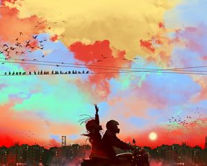 Preview wallpaper motorcycle, motorcyclist, couple, sunset, art