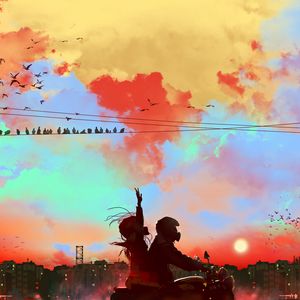 Preview wallpaper motorcycle, motorcyclist, couple, sunset, art