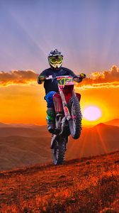 Preview wallpaper motorcycle, motorcyclist, cross, mountains, sunset, off-road
