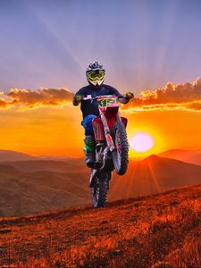 Preview wallpaper motorcycle, motorcyclist, cross, mountains, sunset, off-road