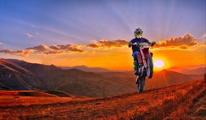 Preview wallpaper motorcycle, motorcyclist, cross, mountains, sunset, off-road