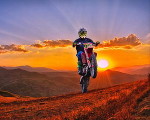 Preview wallpaper motorcycle, motorcyclist, cross, mountains, sunset, off-road