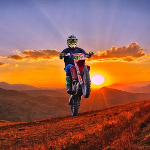 Preview wallpaper motorcycle, motorcyclist, cross, mountains, sunset, off-road