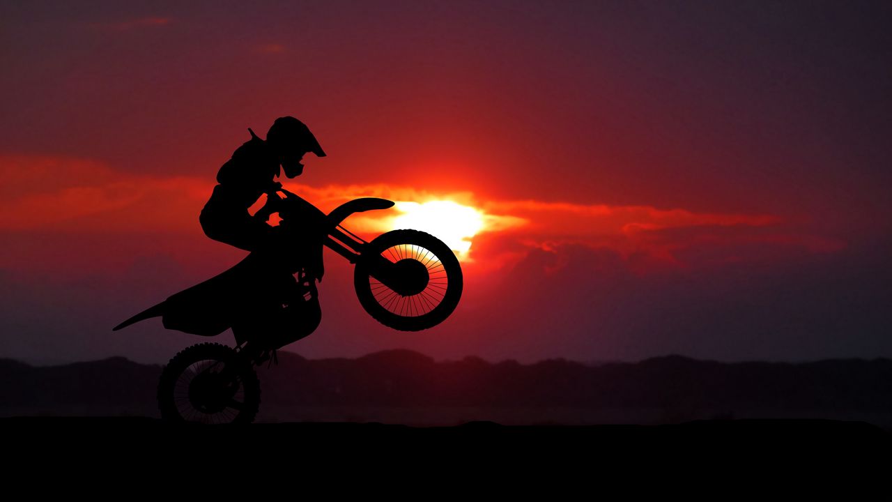 Wallpaper motorcycle, motorcyclist, cross, stunt, silhouette, sunset