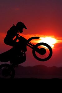 Preview wallpaper motorcycle, motorcyclist, cross, stunt, silhouette, sunset