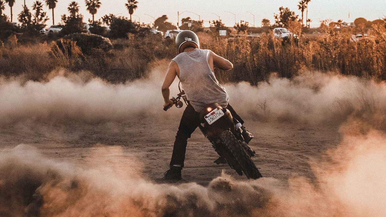 Wallpaper motorcycle, motorcyclist, drift, dust
