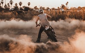 Preview wallpaper motorcycle, motorcyclist, drift, dust