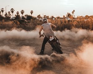 Preview wallpaper motorcycle, motorcyclist, drift, dust