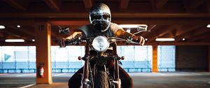 Preview wallpaper motorcycle, motorcyclist, front view, bike, helmet
