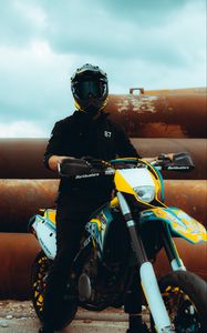 Preview wallpaper motorcycle, motorcyclist, helmet, pipes