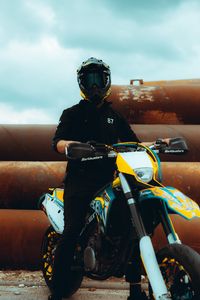 Preview wallpaper motorcycle, motorcyclist, helmet, pipes