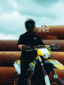 Preview wallpaper motorcycle, motorcyclist, helmet, pipes