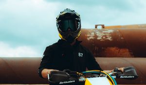 Preview wallpaper motorcycle, motorcyclist, helmet, pipes