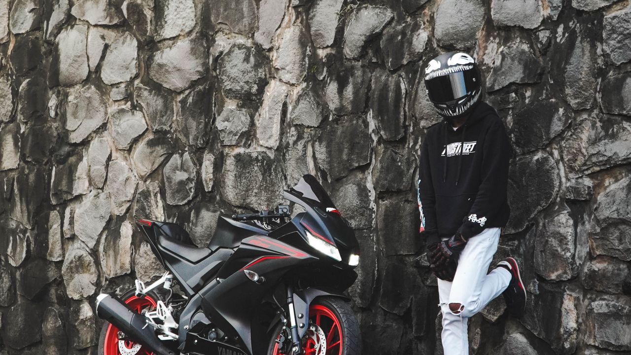 Wallpaper motorcycle, motorcyclist, helmet, bike, wall