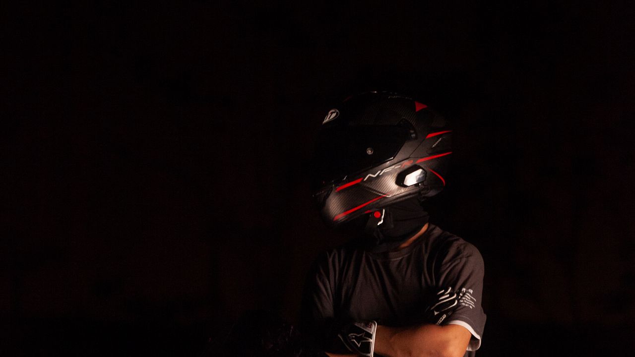 Wallpaper motorcycle, motorcyclist, helmet, darkness