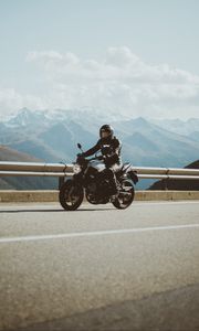 Preview wallpaper motorcycle, motorcyclist, road, mountains