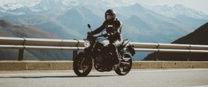 Preview wallpaper motorcycle, motorcyclist, road, mountains