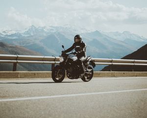 Preview wallpaper motorcycle, motorcyclist, road, mountains