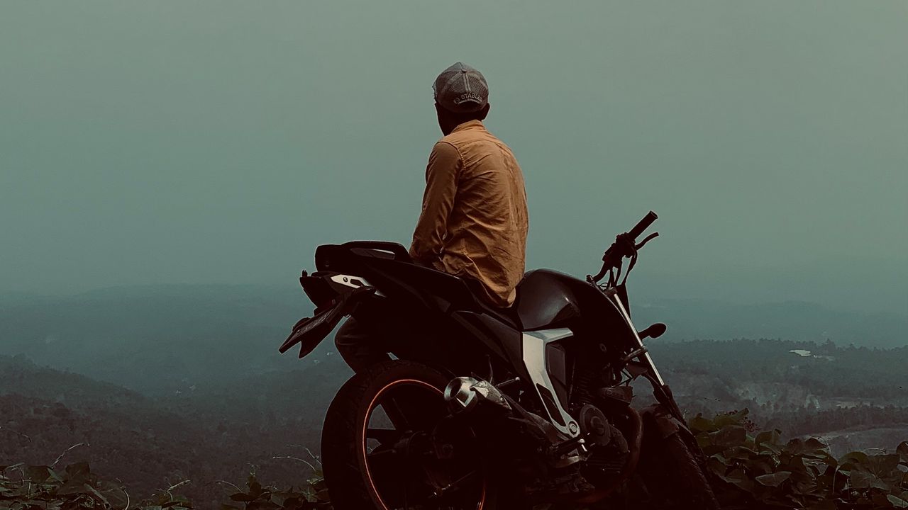 Wallpaper motorcycle, motorcyclist, road, fog