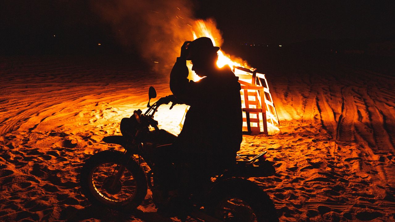 Wallpaper motorcycle, motorcyclist, silhouette, fire, flame