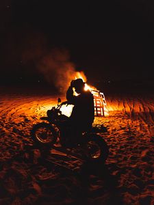 Preview wallpaper motorcycle, motorcyclist, silhouette, fire, flame