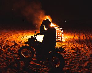 Preview wallpaper motorcycle, motorcyclist, silhouette, fire, flame