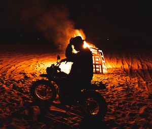 Preview wallpaper motorcycle, motorcyclist, silhouette, fire, flame