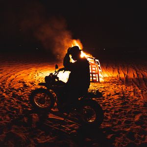 Preview wallpaper motorcycle, motorcyclist, silhouette, fire, flame