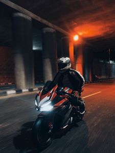 Preview wallpaper motorcycle, motorcyclist, speed, tunnel, road