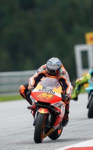 Preview wallpaper motorcycle, orange, motorcyclist, track, race, moto